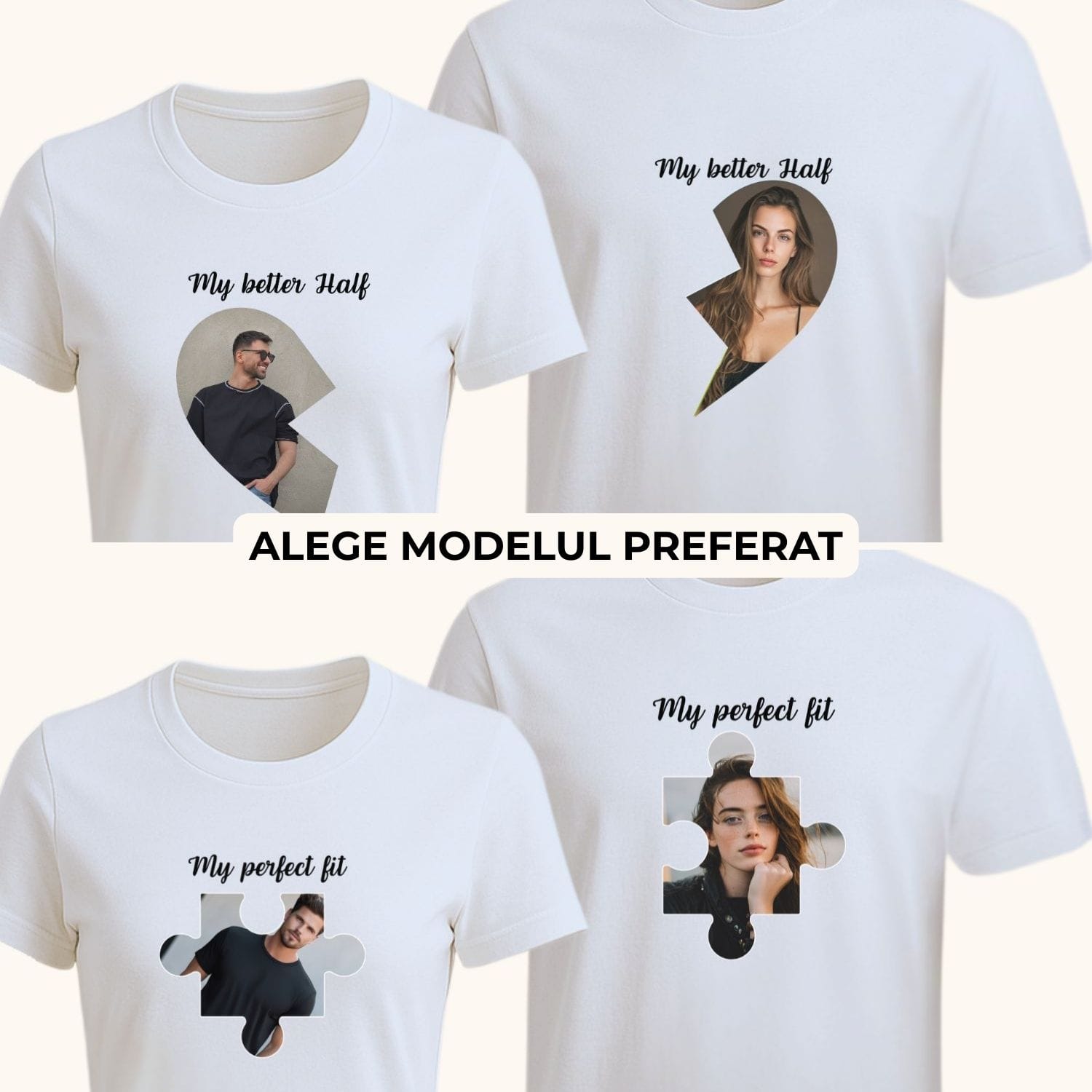 tricouri-cuplu-personalizate-puzzle-cu-poza-si-mesaj-2-modele-colaj Tricouri personalizate pentru cuplu cu design puzzle și fotografie proprie. Cadou elegant pentru relație