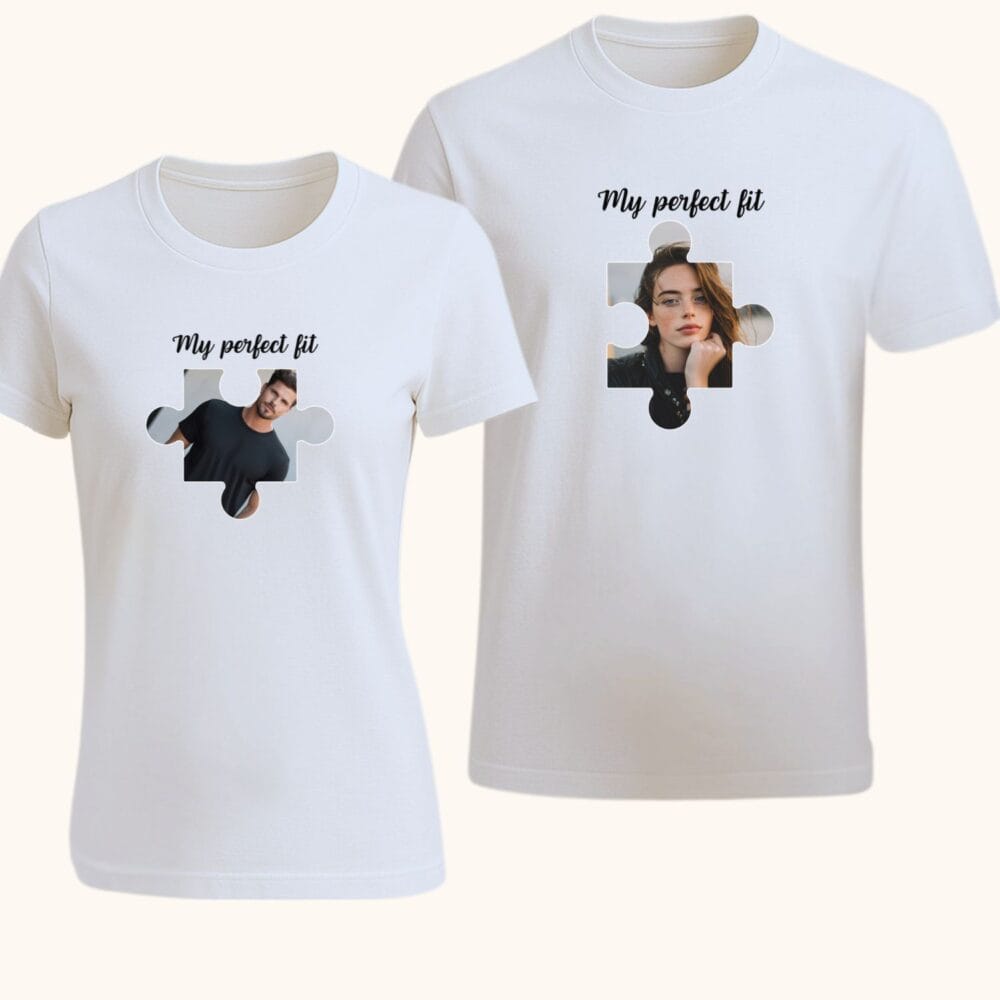 Tricouri personalizate cu piese puzzle și fotografie proprie și mesaj. Cadou unic pentru relație
