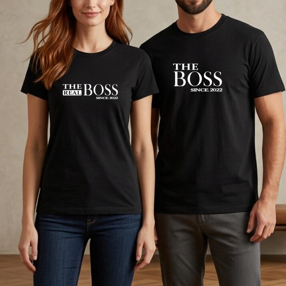Tricouri cuplu negre The Boss și The Real Boss, model Mr & Mrs funny pentru cadou de cuplu