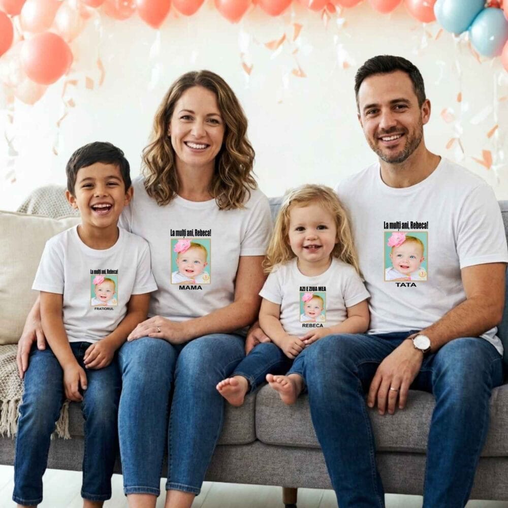 Tricouri familie personalizate pentru petrecere de zi de naștere copii cu poză, nume și roluri matching