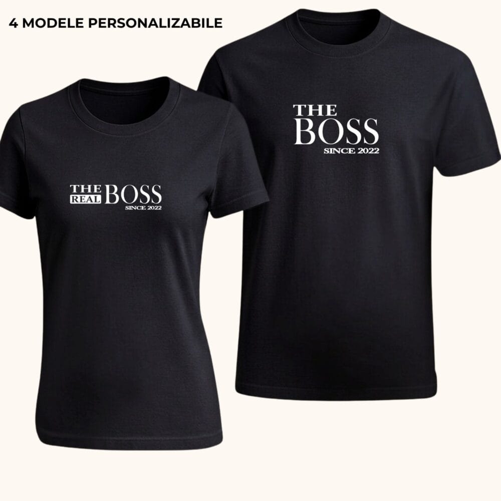 Tricouri funny cuplu Mr & Mrs negre cu model The Boss și The Real Boss, cadou amuzant personalizat pentru iubit și iubită