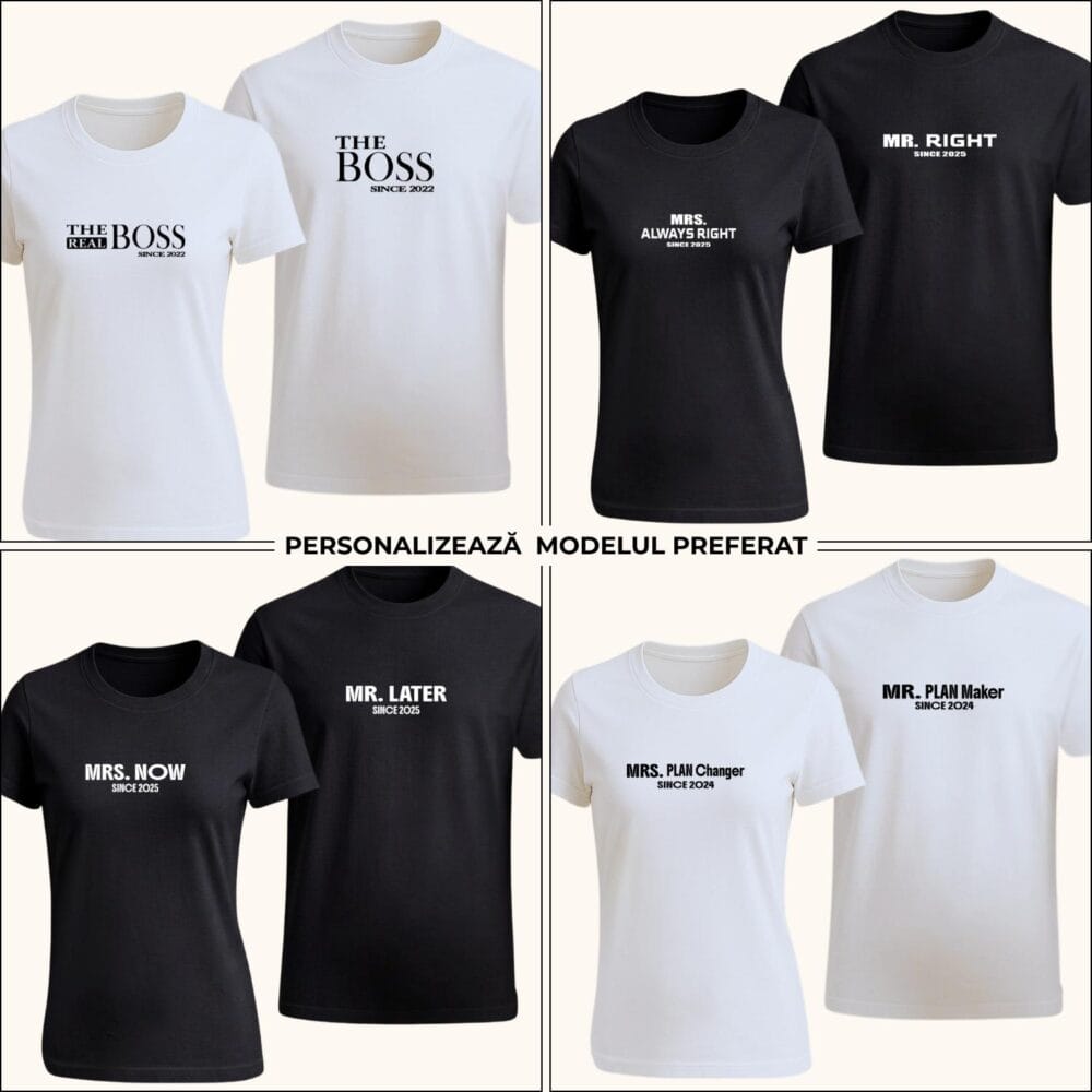 Tricouri Mr & Mrs funny personalizate pentru cuplu, cu 4 modele amuzante și mesaje adaptabile pentru el și ea