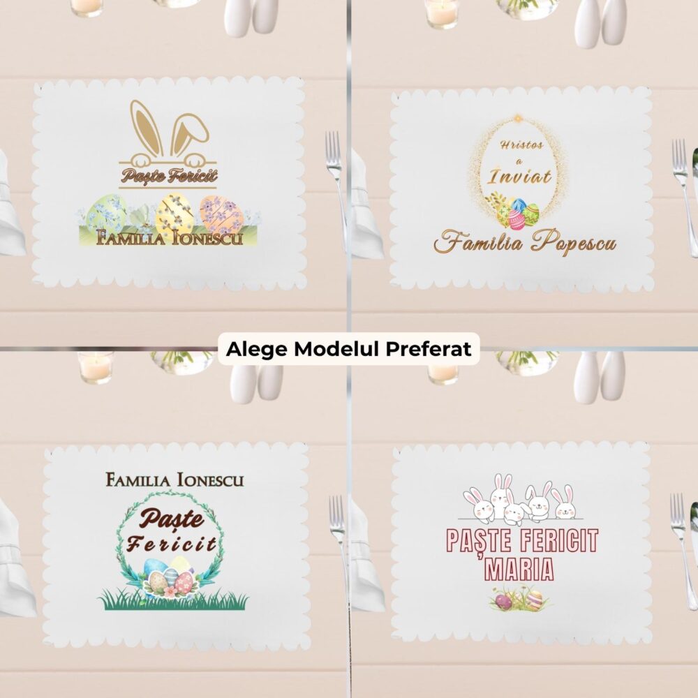 4 Modele disponibile pentru suport farfurie personalizat de Paste – elegant, floral de familie, Hristos a Inviat si cu nume