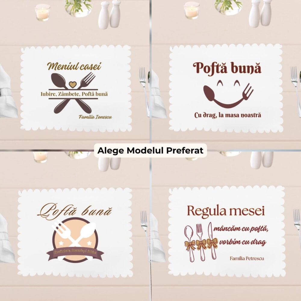 4 Modele disponibile pentru suport farfurie personalizat Pofta buna – meniul casei, pofta buna cu drag la masa noastră, Poftă bună cu zambete, si regula mesei
