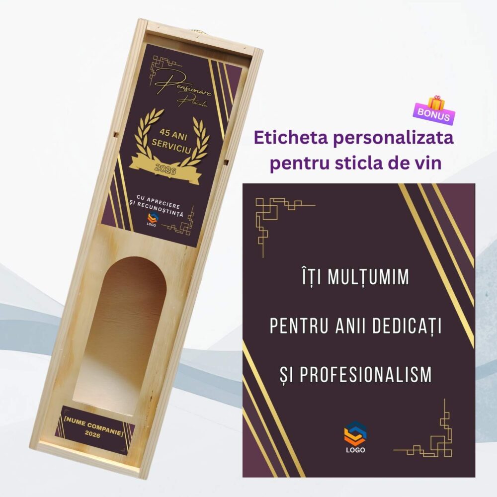 Cutie de vin personalizată pentru pensionare, model mov auriu premium, cadou corporate elegant pentru angajat sau coleg