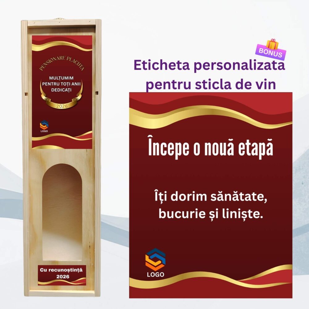 Cutie de vin pentru pensionare corporate, model roșu elegant, cu etichetă personalizată pentru sticla de vin
