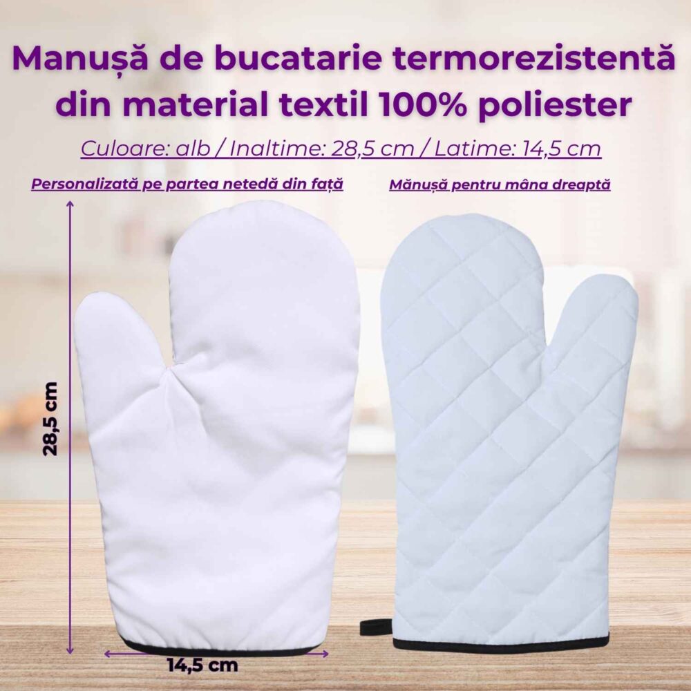 Dimensiuni mănușă de bucătărie termorezistentă personalizată, 28,5 x 14,5 cm, pentru mâna dreaptă