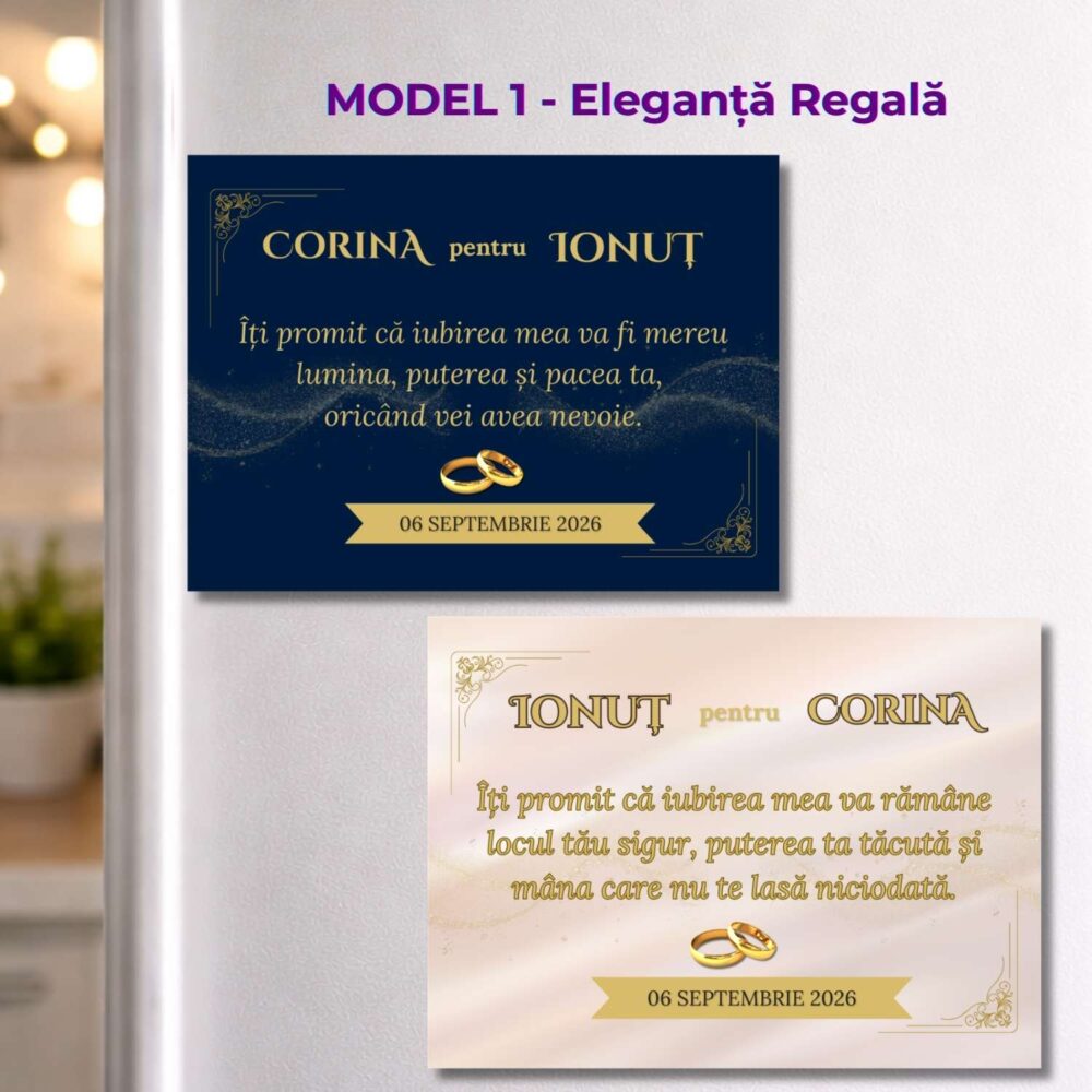 Set 2 magneti cu juraminte de nunta model Eleganta Regala, personalizati cu nume si data pentru el si ea