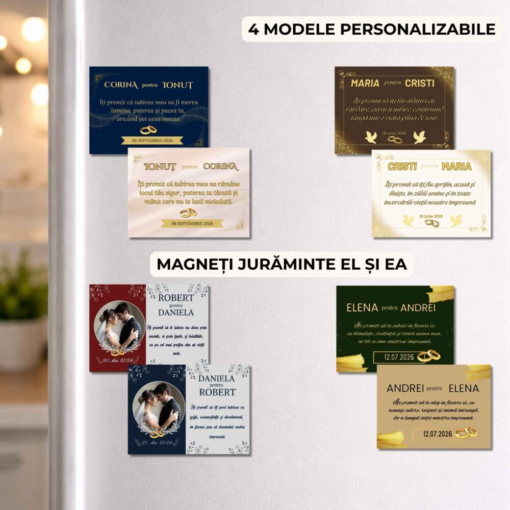 Magneți personalizati jurăminte de nunta. Set 2 magneti pentru El si Ea, 4 modele personalizabile pentru cadou de nunta și promisiuni casatorie