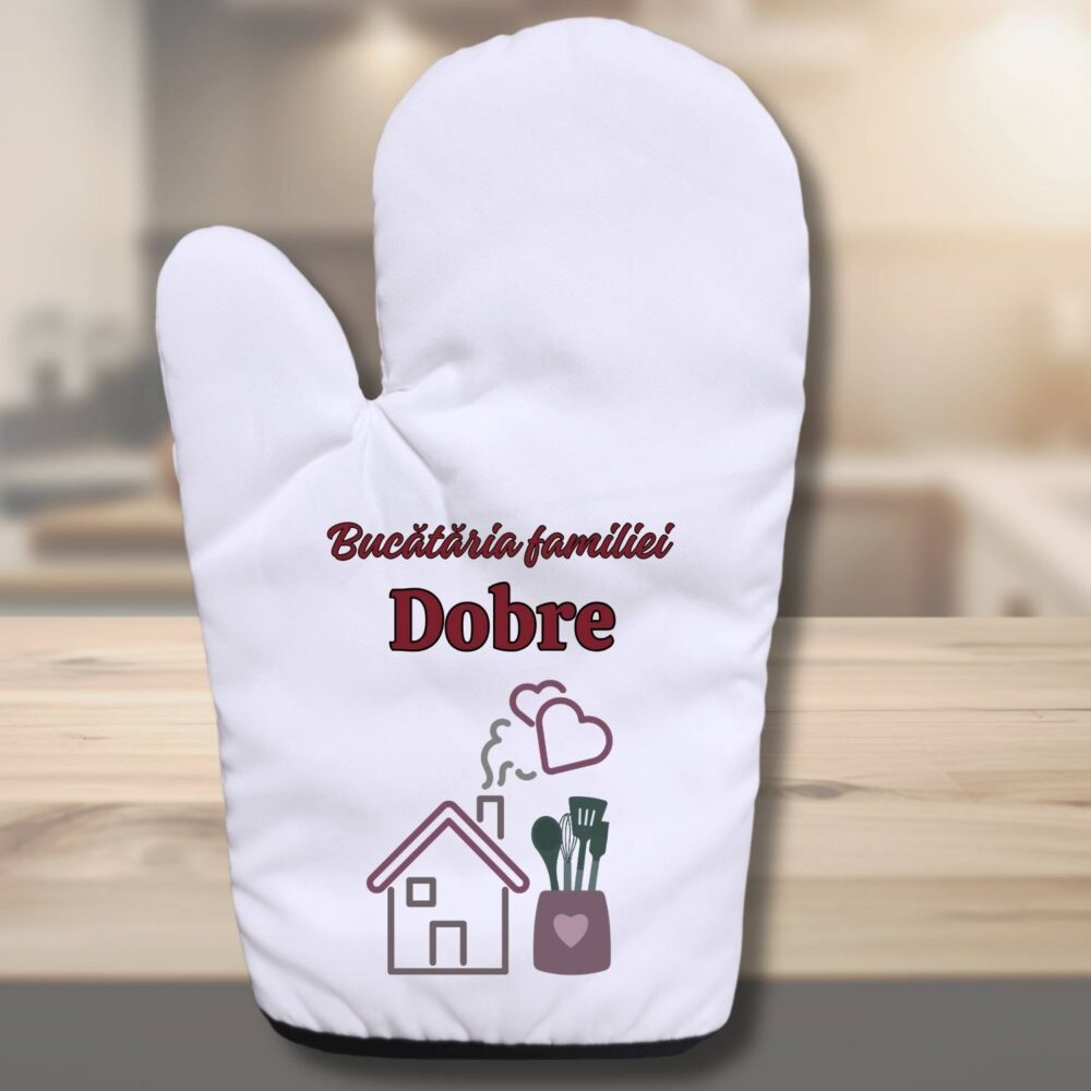 Mănușă de bucătărie personalizată Bucătăria familiei Dobre, cadou de casă nouă pentru familie