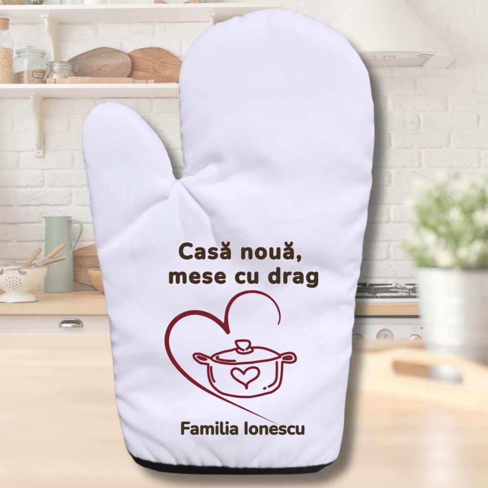 Mănușă de bucătărie personalizată pentru casă nouă model Mese cu drag, cadou util pentru mutare și inaugurare