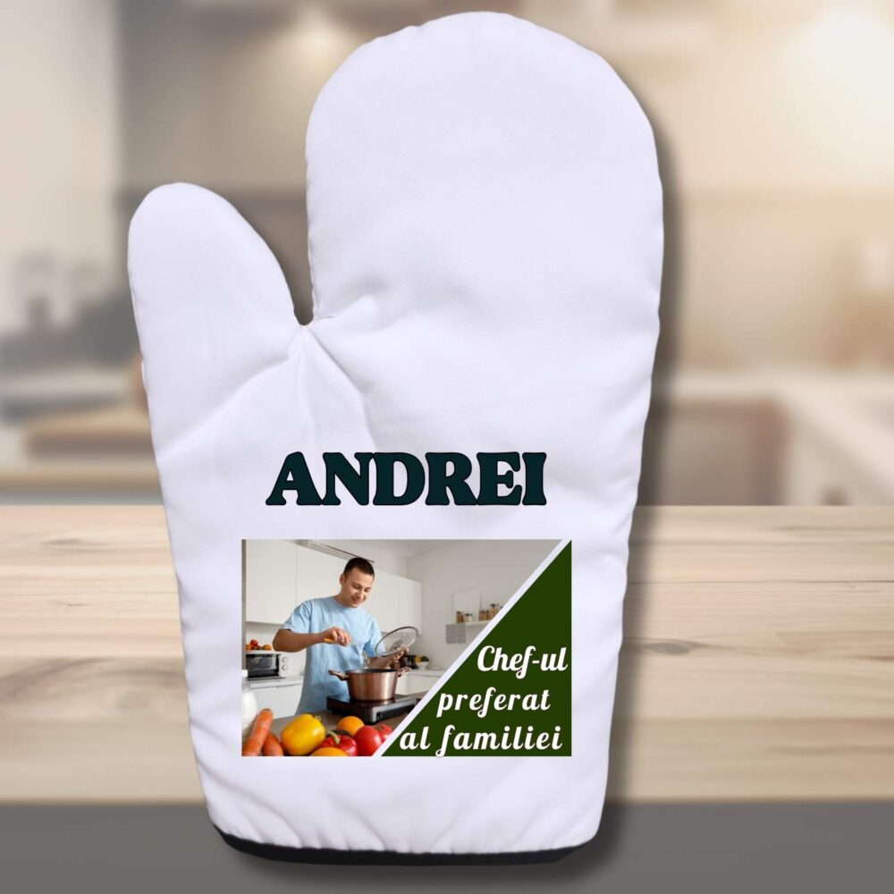 Mănușă bucătărie personalizată cu fotografie și text pentru bărbat, model Chef-ul preferat al familiei Andrei