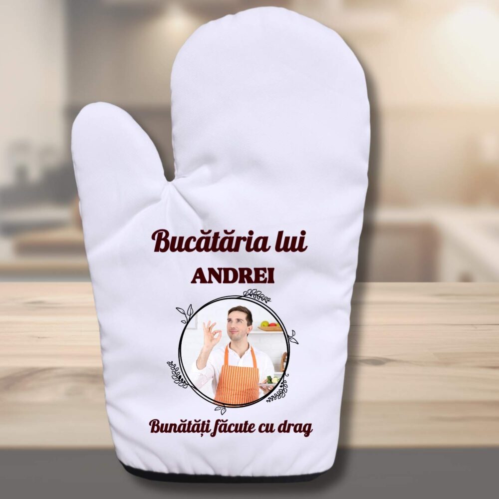 Mănușă de bucătărie personalizată cu fotografie model Bucătăria lui Andrei, cadou personalizat pentru bărbat