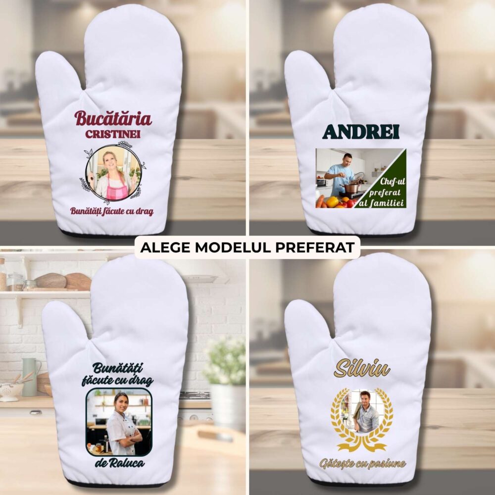 Mănușă de bucătărie personalizată cu poză și text, 4 modele unisex, cadou util personalizat cu fotografie și nume.