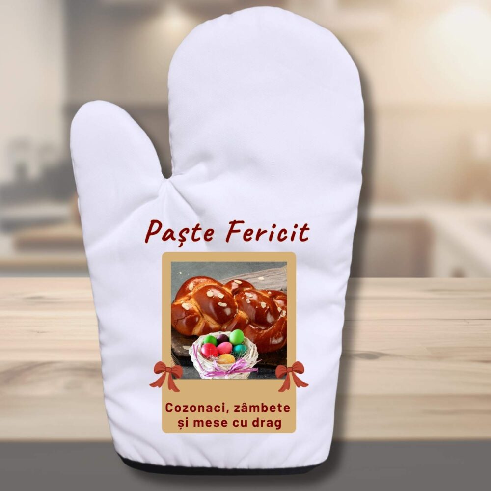 Mănușă de bucătărie personalizată de Paște cu mesaj Cozonaci, zâmbete și mese cu drag
