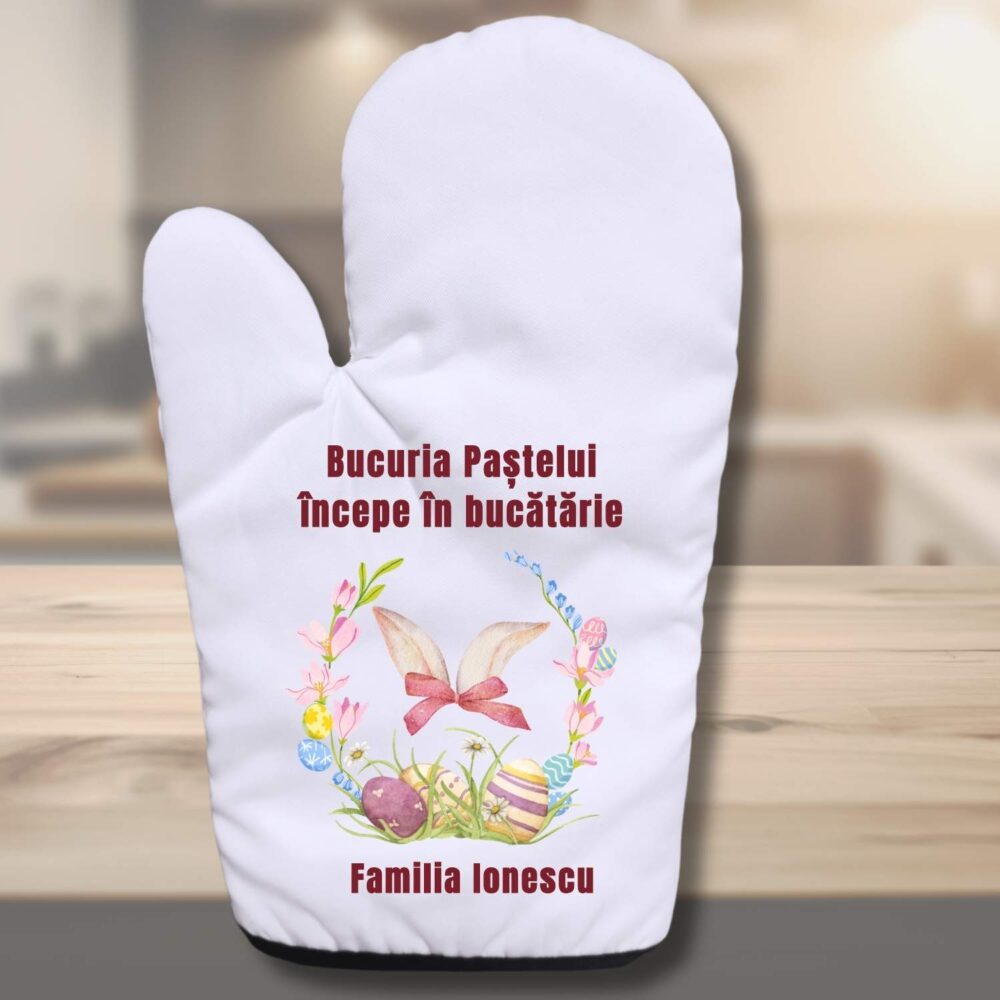 Mănușă de bucătărie personalizată de Paște model Bucuria Paștelui începe în bucătărie, Familia Ionescu