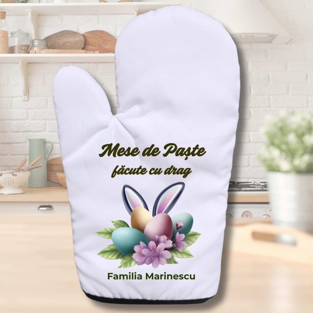 Mănușă de bucătărie personalizată de Paște model Mese de Paște făcute cu drag, Familia Marinescu