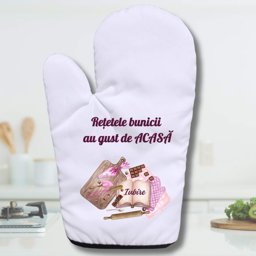 Mănușă de bucătărie personalizată Rețetele bunicii au gust de acasă, cadou de suflet pentru bunica
