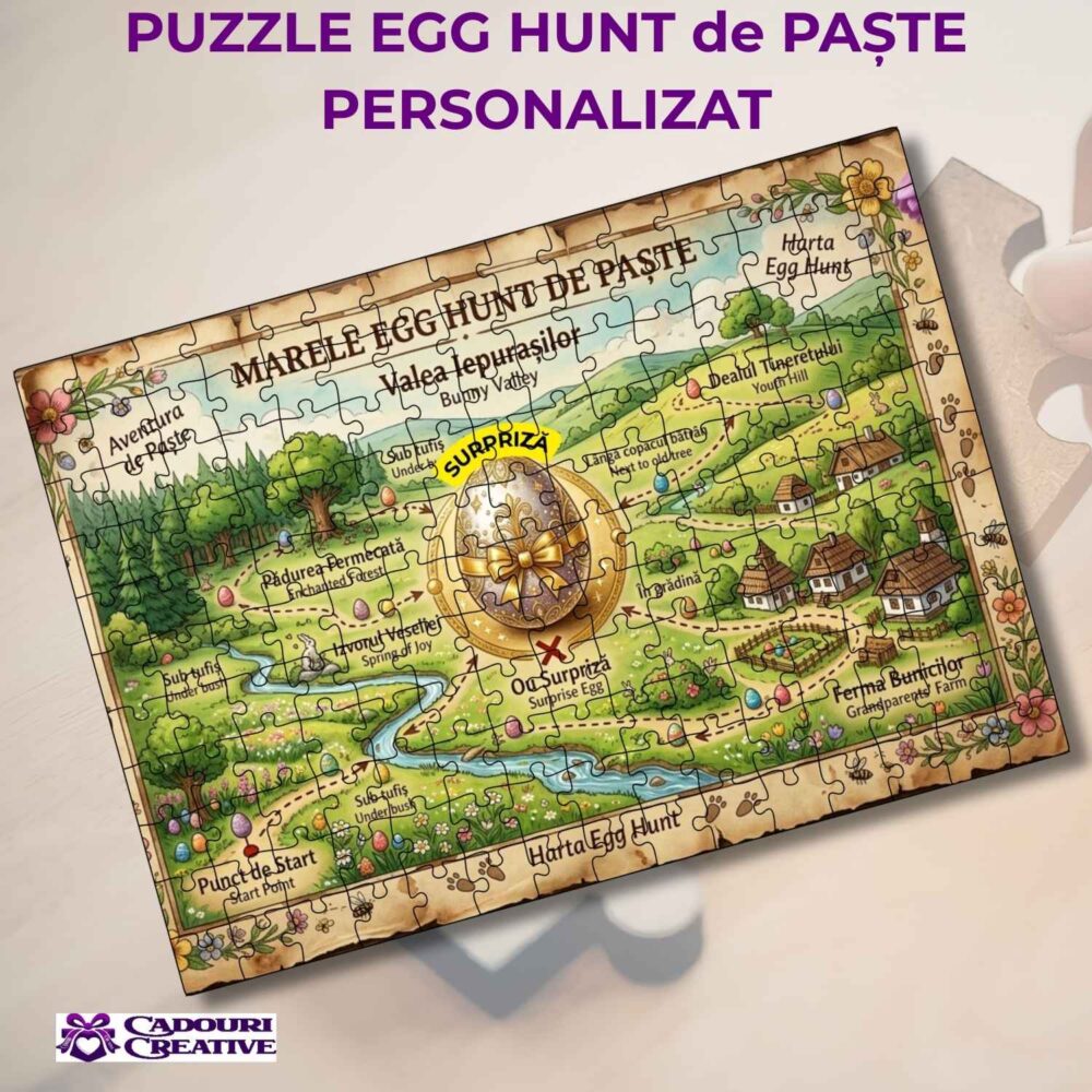 Puzzle Egg Hunt de Paște personalizat A4 (120 piese) – activitate cu surpriză descoperită la final. Cadou de Paște pentru familie, copii și prieteni
