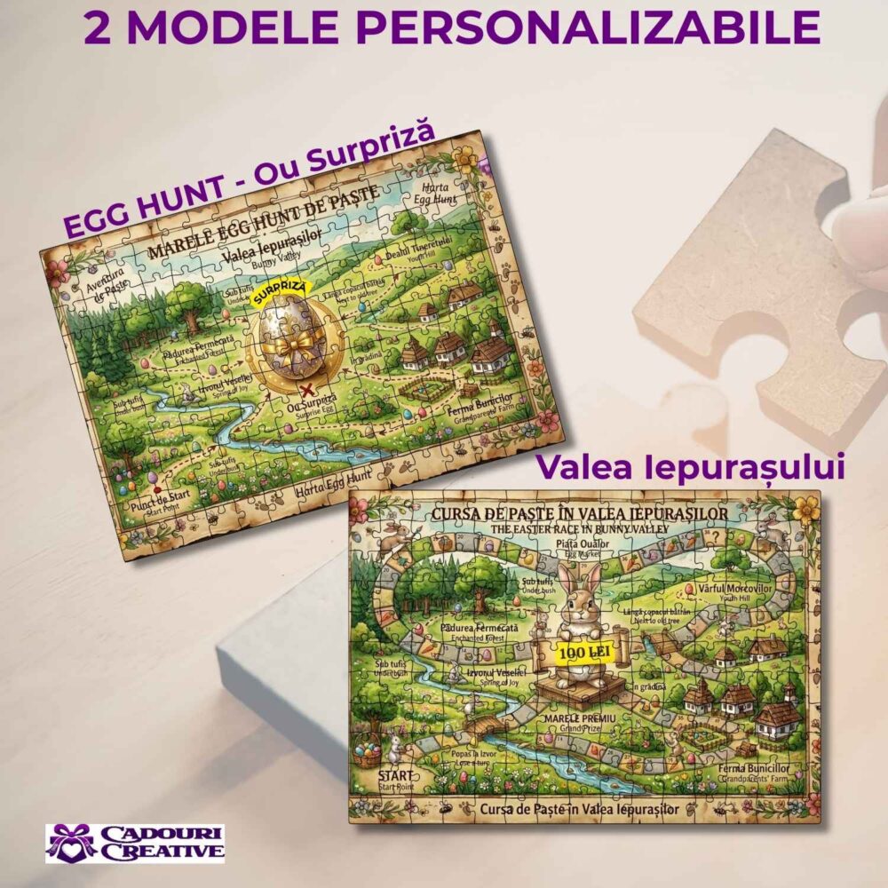 2 modele de Puzzle Egg Hunt de Paște personalizat A4 – Cadou activitate de Paște - Ou surpriză sau Valea Iepurașului - cu surpriză descoperită la final