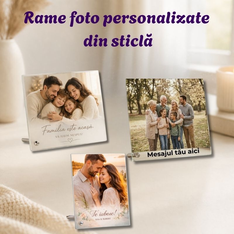 Ramă foto personalizată din sticlă 23x18 cm, cu fotografie și mesaj, în decor elegant de casă