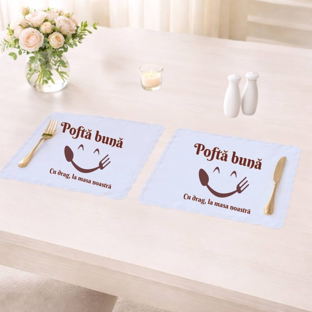 Set 2 suporturi de farfurie personalizate Pofta buna, model Pofta buna cu drag