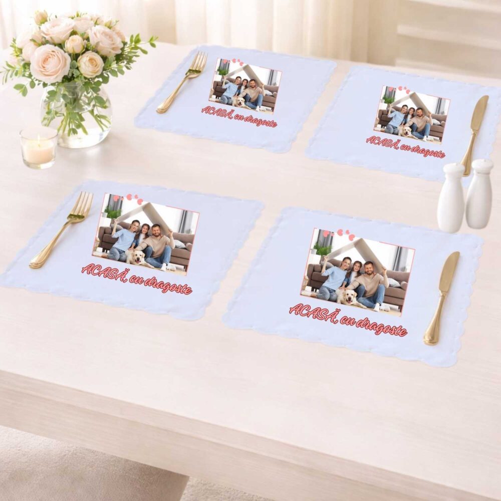 Set 4 suporturi de farfurie personalizate cu poza si text, model Acasa cu dragoste, cadou pentru familie