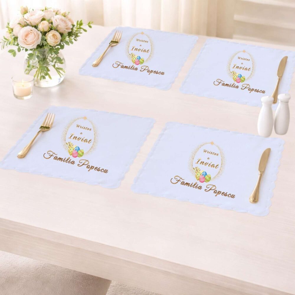 Set 4 suporturi de farfurie personalizate de Paste, model Hristos a Inviat, pentru masa de familie