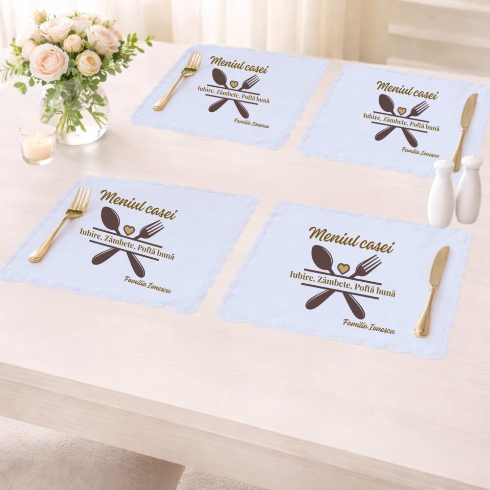 Set 4 suporturi de farfurie personalizate Pofta buna, model Meniul casei, pentru masa de acasa