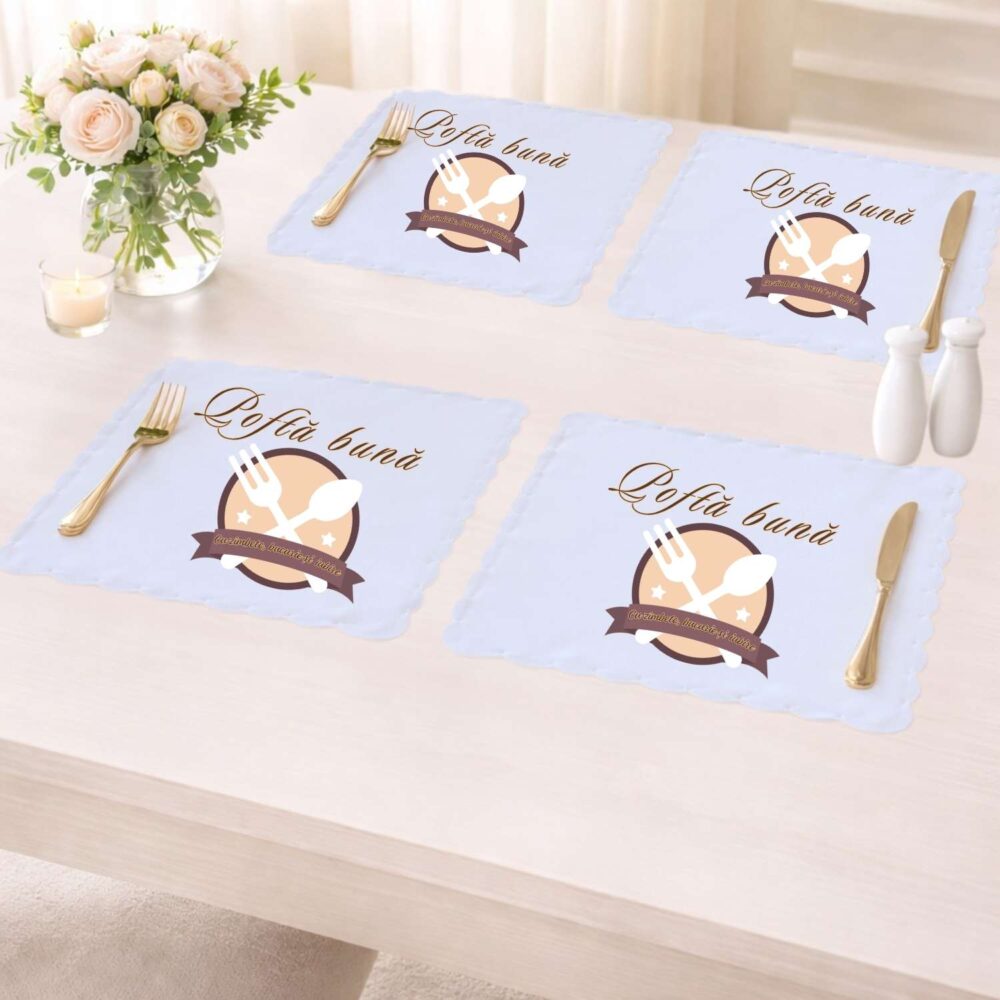 Set 4 suporturi de farfurie personalizate Pofta buna cu zâmbete, bucurie și iubire. Cadou pentru familie si musafiri