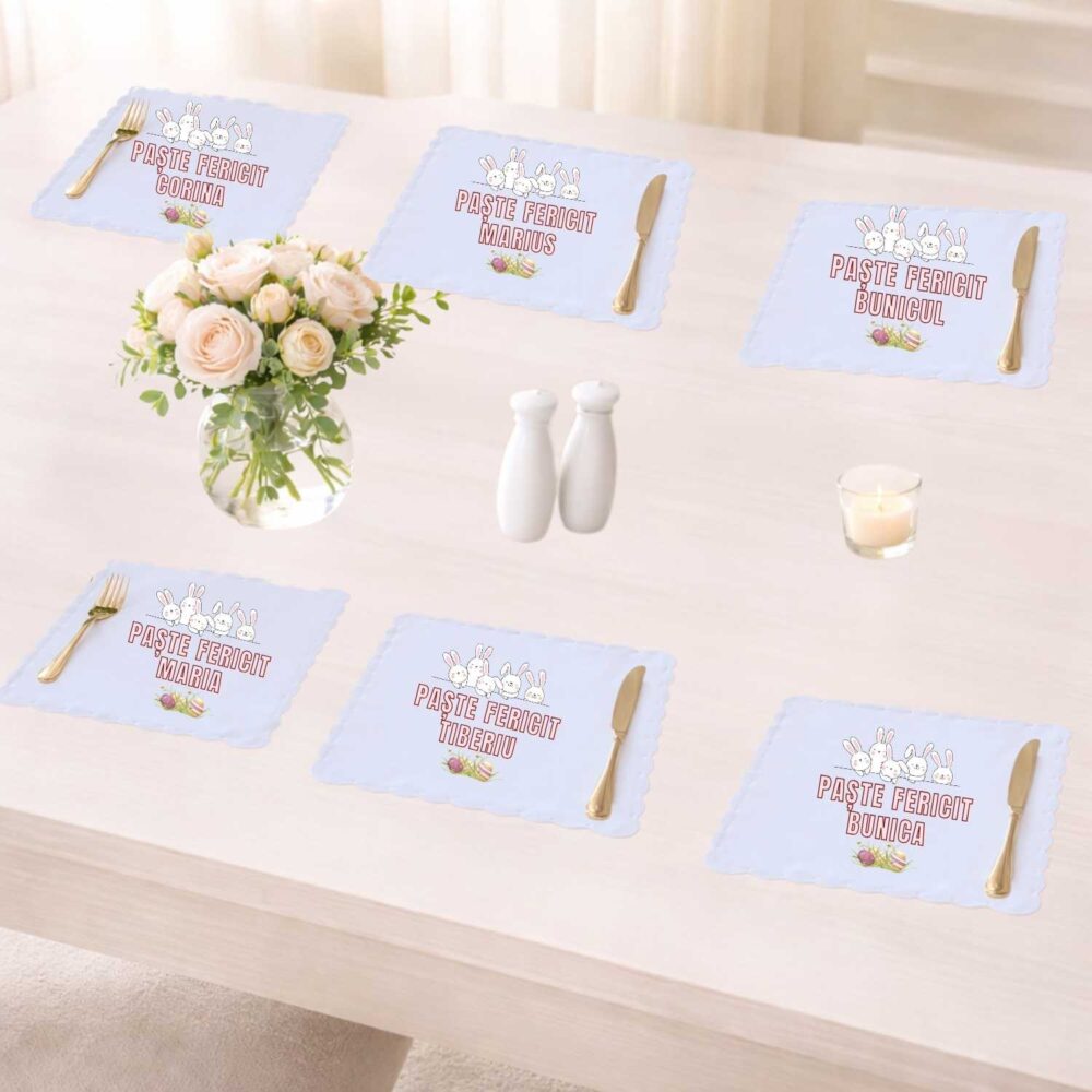 Set 6 suporturi de farfurie personalizate de Paste, model Paste Fericit cu nume, pentru copii si familie