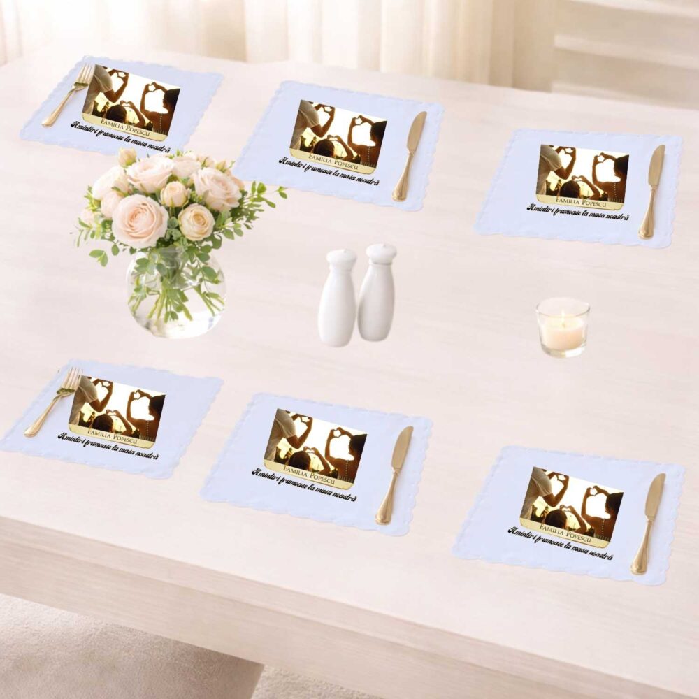 Set 6 suporturi de farfurie personalizate cu poza si text, model Amintiri frumoase, pentru masa de familie
