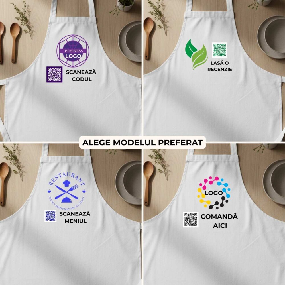 Alege modelul de șorț personalizat cu cod QR și logo – 3 modele - meniu, comandă online, recenzie Google sau link personalizat