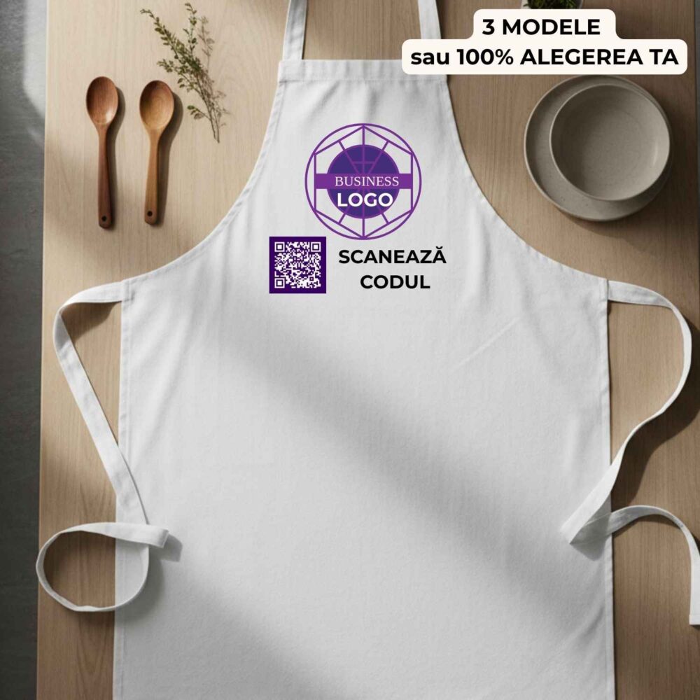 Șorț personalizat cu cod QR și logo – 3 modele (meniu, comandă, recenzie) + opțiune 100% custom