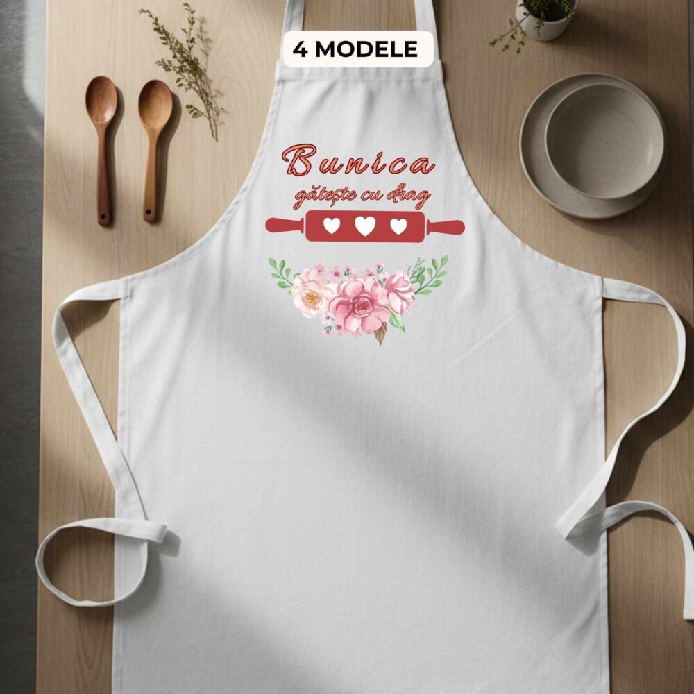 Șorț personalizat pentru bunica, model Bunica gătește cu drag, cadou personalizat pentru bunica