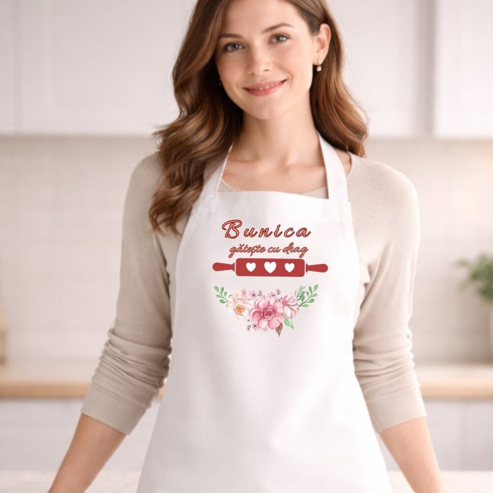 Șorț personalizat pentru bunica, model Bunica gătește cu drag, mockup purtat, cadou pentru bunica de ziua ei