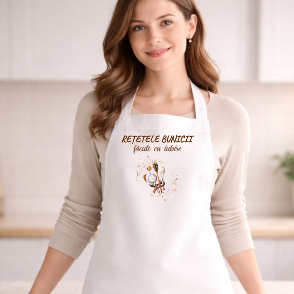 Șorț personalizat pentru bunica, model Rețetele bunicii făcute cu iubire, mockup purtat, cadou bucătărie pentru bunica