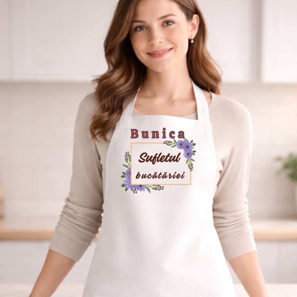 Șorț personalizat pentru bunica, model Sufletul bucătăriei noastre, mockup purtat, cadou pentru bunica iubită