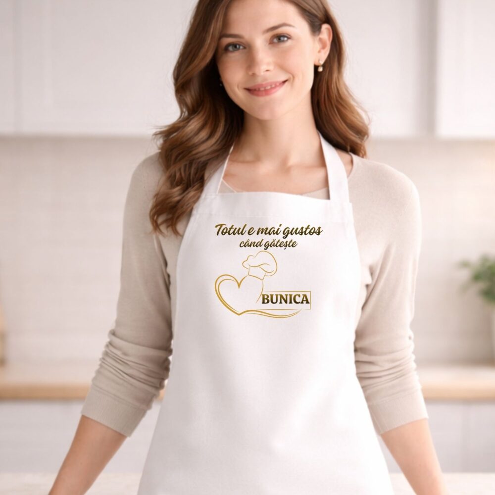 Șorț personalizat pentru bunica, model Totul e mai gustos când gătește BUNICA, mockup purtat, cadou de suflet pentru bunica