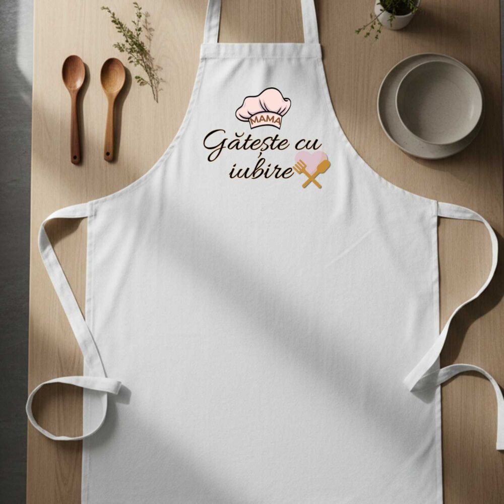 Șorț personalizat pentru mama, model Gătește cu iubire, cadou de bucătărie pentru mama