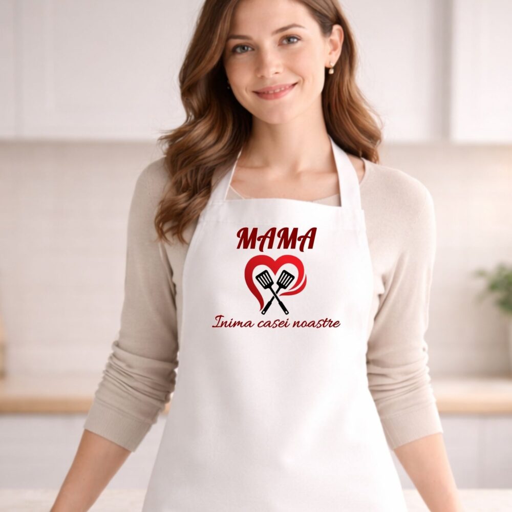 Șorț personalizat pentru mama, model Inima casei noastre, mockup purtat, cadou pentru mama de ziua ei