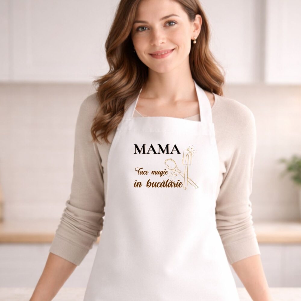 Șorț personalizat pentru mama, model Mama face magie în bucătărie, mockup purtat, cadou pentru mama