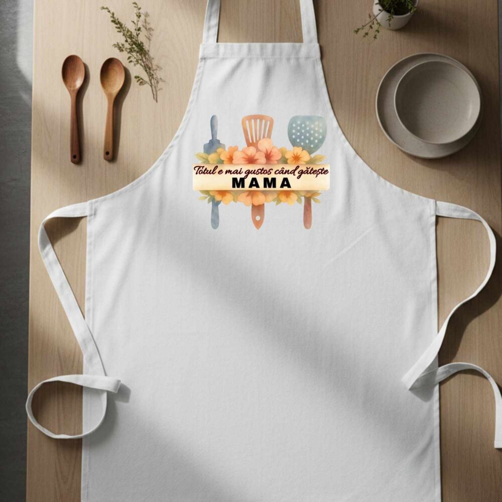 Șorț personalizat pentru mama, model Totul e mai gustos când gătește MAMA, cadou de suflet pentru mama