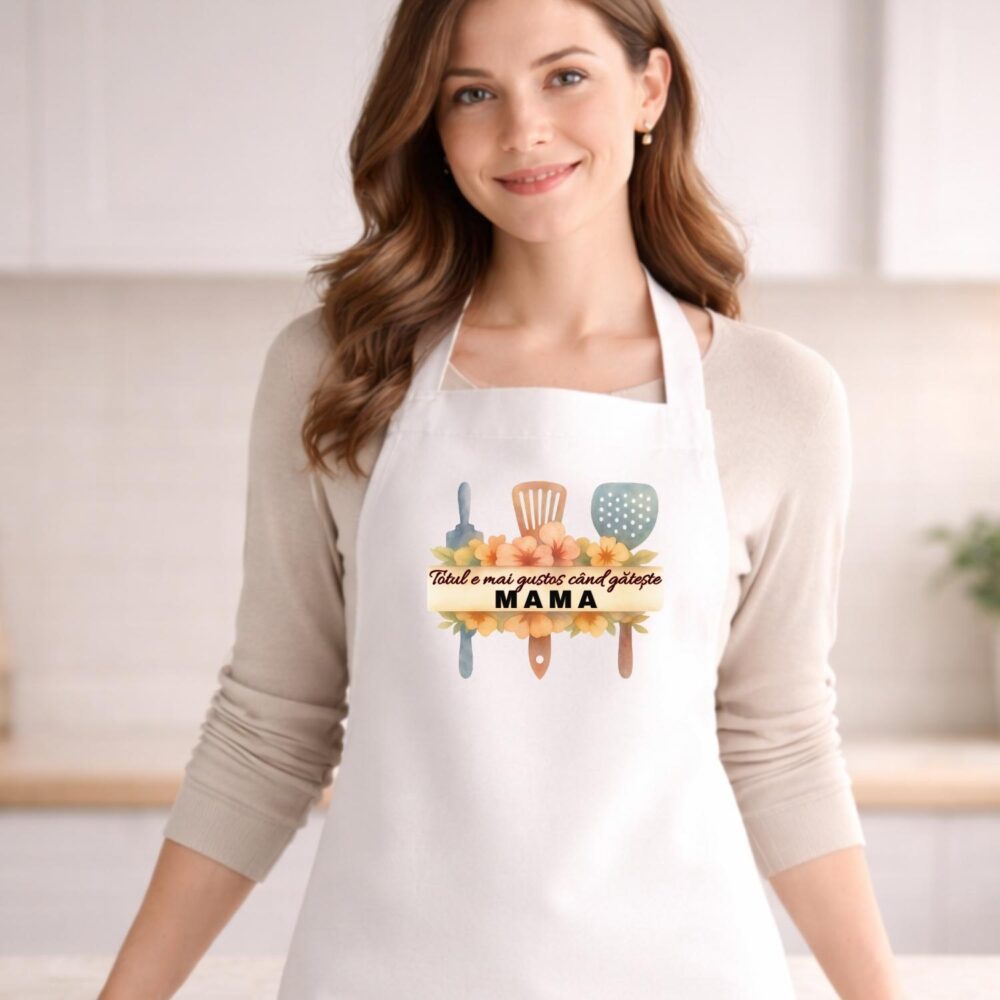Șorț personalizat pentru mama, model Totul e mai gustos când gătește MAMA, mockup purtat, cadou util pentru mama