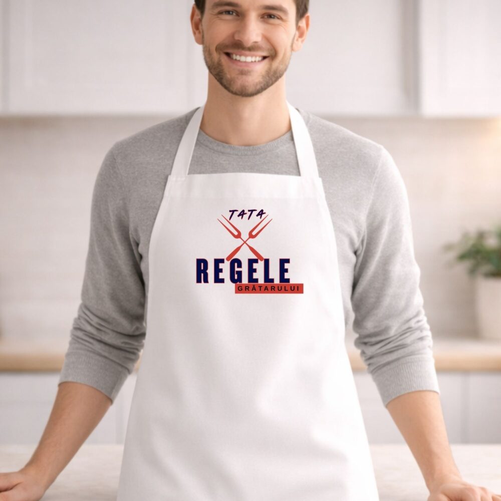 Șorț personalizat pentru tata Regele grătarului, model Modern Grill, mockup purtat, cadou pentru tata