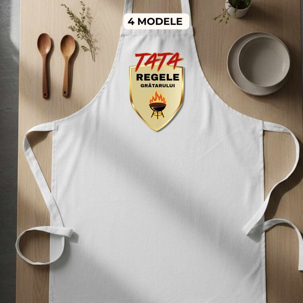 Șorț personalizat pentru tata Regele grătarului, model Scut BBQ Regal, cadou pentru tată pasionat de grătar