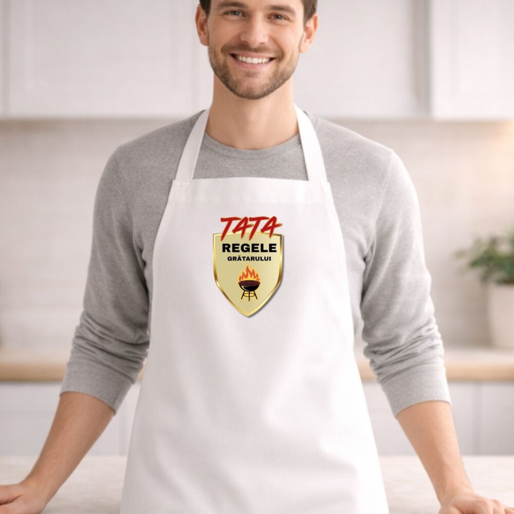 Șorț personalizat pentru tata Regele grătarului, model Scut BBQ Regal, mockup purtat, cadou pentru tată