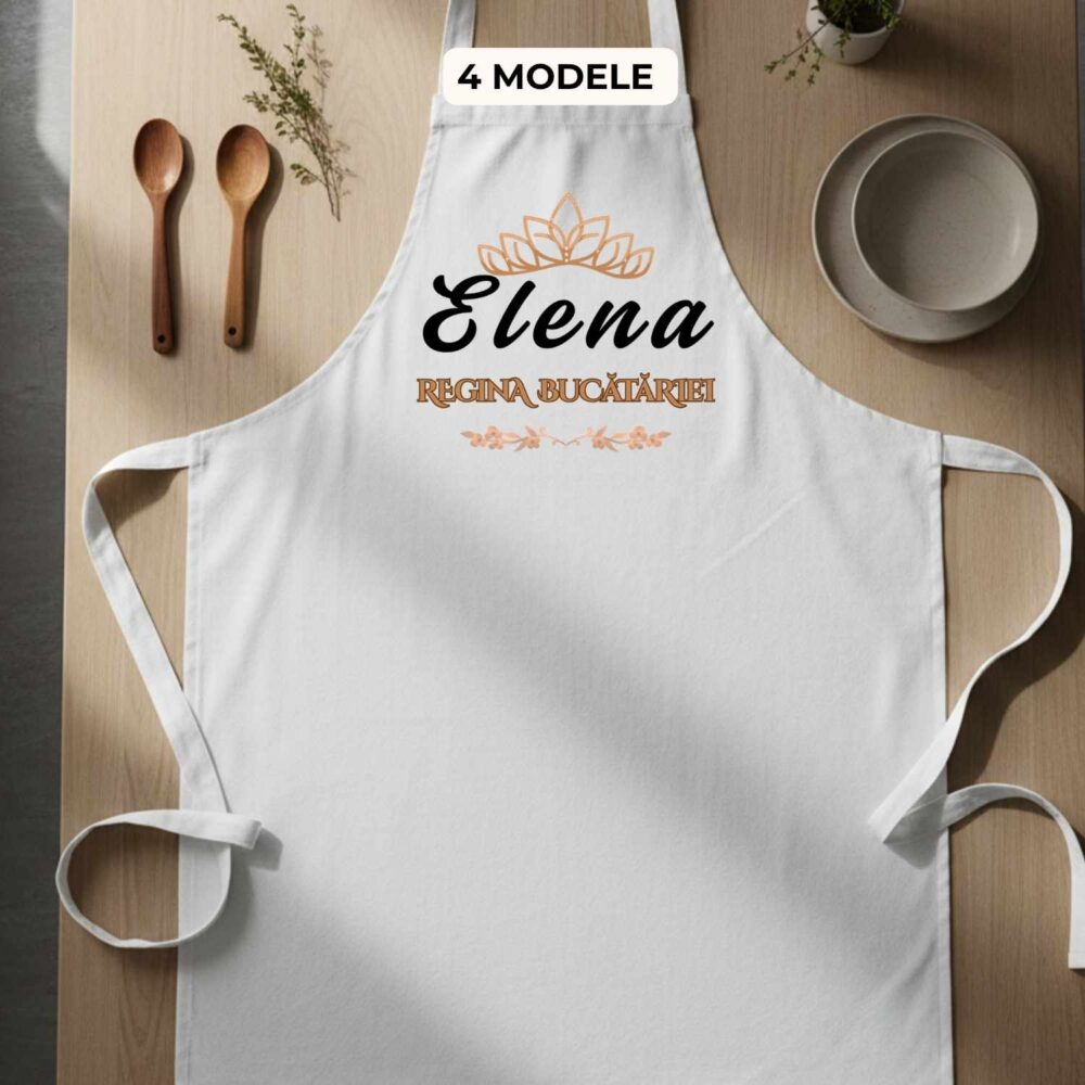 Sort personalizat Regina bucatariei cu nume, model Coroana eleganta, cadou pentru femei pasionate de gatit