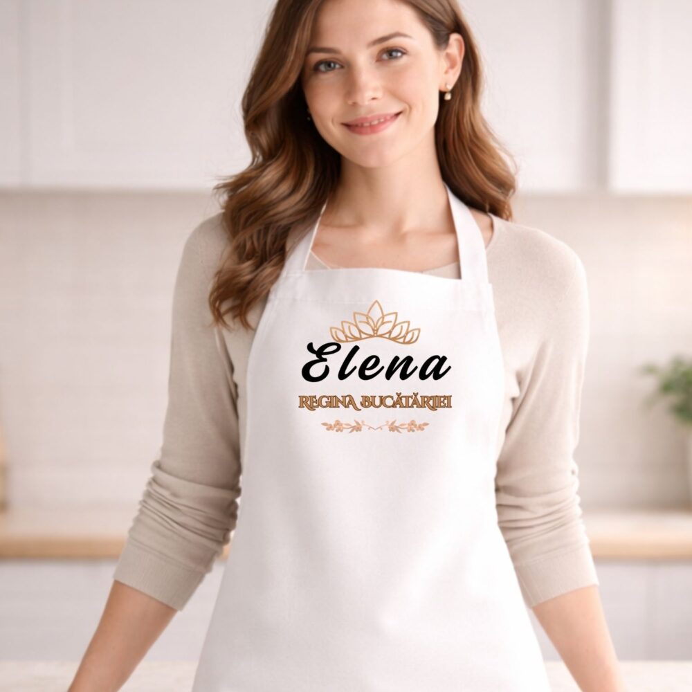 Sort personalizat Regina bucatariei cu nume, model Coroana eleganta, mockup purtat, cadou pentru mama sau bunica