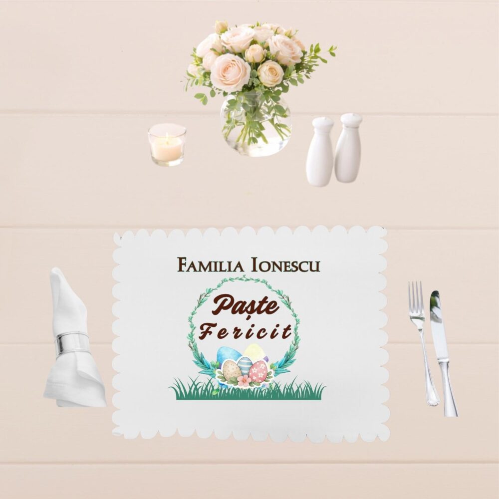 Suport farfurie personalizat de Paste, model Paste Floral de Familie, cu numele familiei